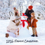 A calendar cover for 2026 showing a family building a snowman together